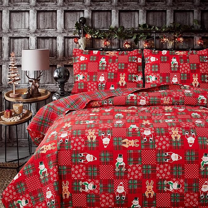 Buffalo Plaid Christmas Quilt Set - Twin Size Reversible Bed Set - Lightweight Quilt, Bedspread, Coverlet - Patchwork Bedding