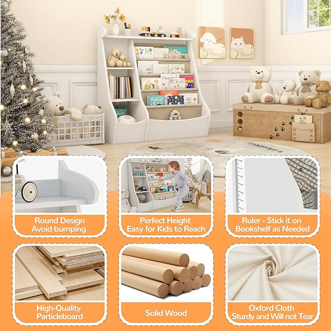 FKWin White Kids Bookshelf with 4 Layer Sling Bookcase,Deer Design Toddler Book Shelf for Kids Rooms Montessori Toy Storage with Adjustable Shelves