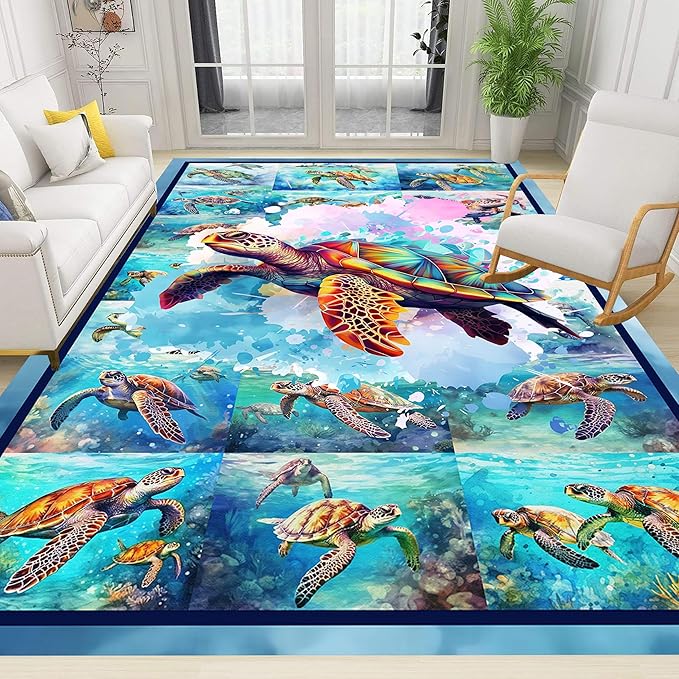 Turtle Area Carpet, 6x9ft, Colorful Ocean Themed Sea Turtle Floor Rugs, Blue Underwater Painting Rugs for Home Decoration, Fade Resistant Soft Foldable Mats for Dorm Family Entrance