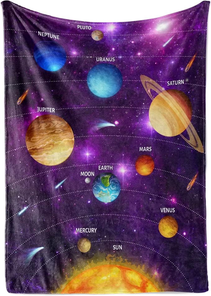 Outer Space Blanket for Kids with Colorful Planetary Solar System, Cute Space-Age Throw for Boys and Girls, Soft and Plush, Early Learning and Educational Fun (, Sherpa - 50x60)