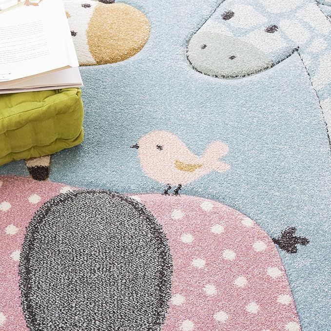SAFAVIEH Carousel Kids Collection Area Rug - 5'3" Round, Blue, Animal Design, Easy Care & Non-Shedding, Ideal for High Traffic Areas for Boys & Girls in Playroom, Nursery (CRK120K-5R)