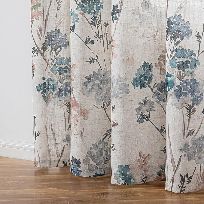 MYSKY HOME Floral Curtains for Bedroom Linen Look Semi Sheer Vertical Light Filtering Privacy Drapes Decor Farmhouse Style Texture for Bedroom Dining Room, Brown, W52 x L63, Pack-2