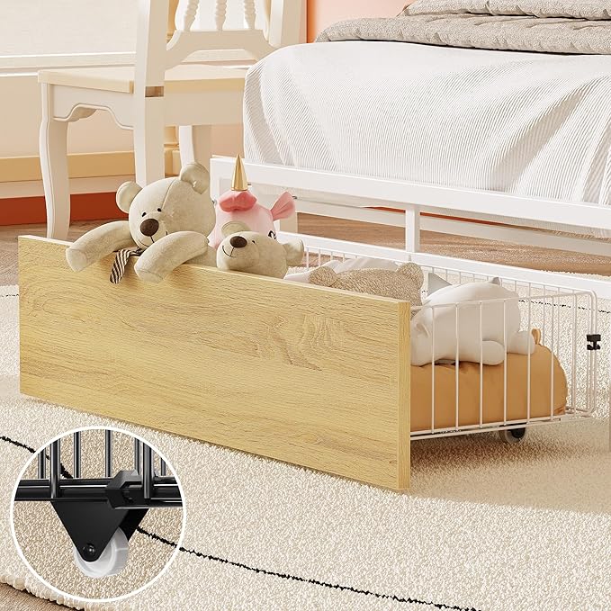 LIKIMIO Twin Bed Frame with Guardrail & Bedside Caddy, Multifunctional Headboard with Charging Station, Durable Metal Platform Bed, Noise-Free, No Box Spring Needed, White