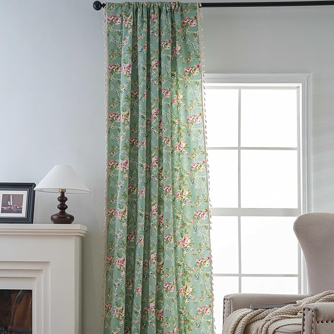 ENJOYBRIDAL Floral 63 Inch Curtains for Living Room Green Drapes Bedroom Semi Sheer Rod Pocket Short Window Curtains 2 Panel Sets Boho Farmhouse Vintage Light Filtering Window Treatments