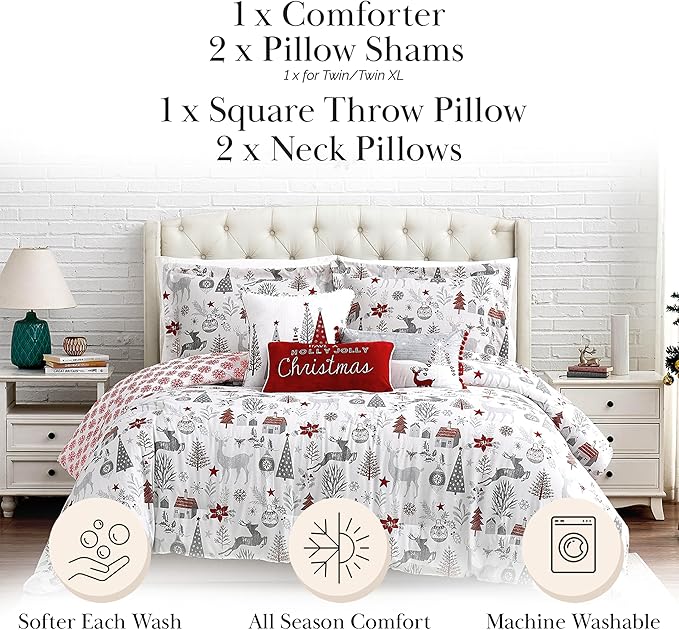 Southshore Fine Living, Inc. 6-Piece Christmas Bedding Cal King/King, Christmas Comforter King, 2 Throw Pillows, 2 Shams, 1 Throw Pillow Cover, Snowflake Bedding, Holiday Comforter - Holly Jolly