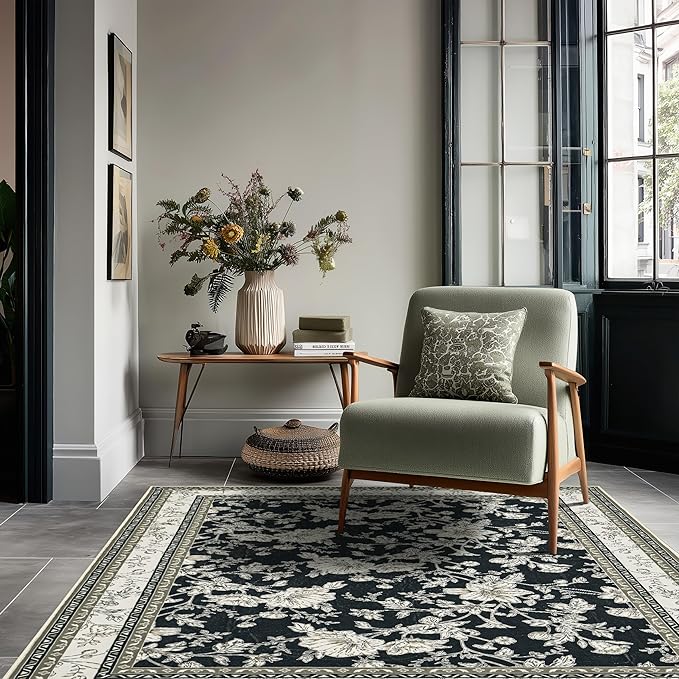 3x5 Black Floral Area Rug for Entryway Soft Washable Modern Boho Farmhouse Rug Non-Slip Taupe Beige Sketch Style Flower Vintage Aesthetic Carpet for Dorms, Bedroom, Office, Dining Room Door Mat 3x5