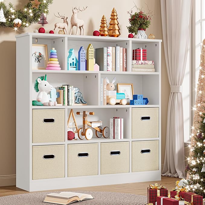 IRONCK Toy Storage Organizer with 6 Bins, Wooden 4-Tier Floor Standing Open Bookshelf Storage Cubby, 12-Cube Storage Shelf Bookcase, Kids Bookshelf and Toy Storage, Beige