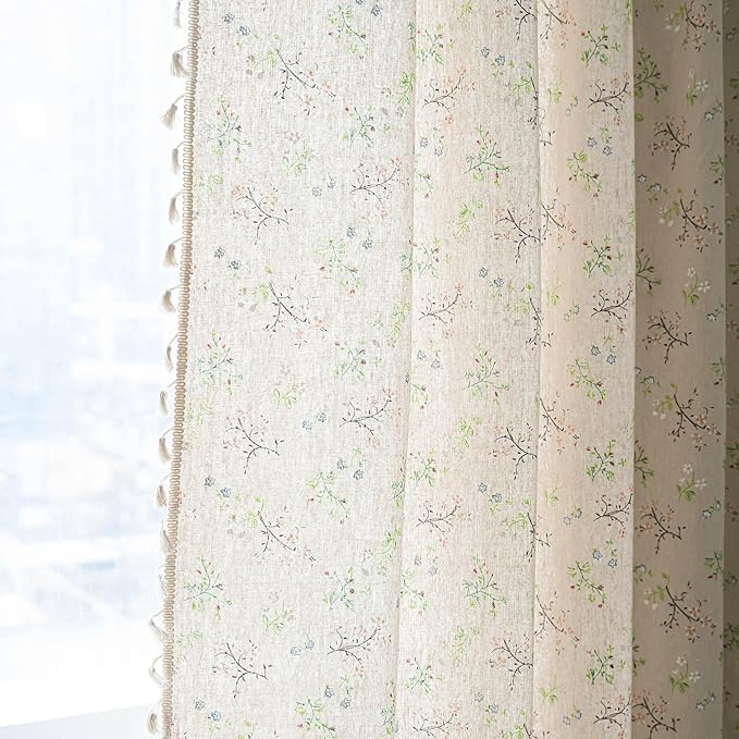 ENJOYBRIDAL Floral Farmhouse Curtains Semi-Blackout Living Room Drapes 96 Inch Length Cotton Linen Blend Bohemian Window Curtain Panels with Tassel Beige Rod Pocket Bedroom Drapes, 1 Panel