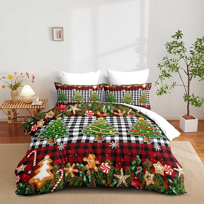 Christmas Duvet Cover King Size Black White Gingham Bedding Set 3 Pieces Kids Boys Girls Red Plaid Grid Christmas Tree Gingerbread Man Comforter Cover with Zipper Closure