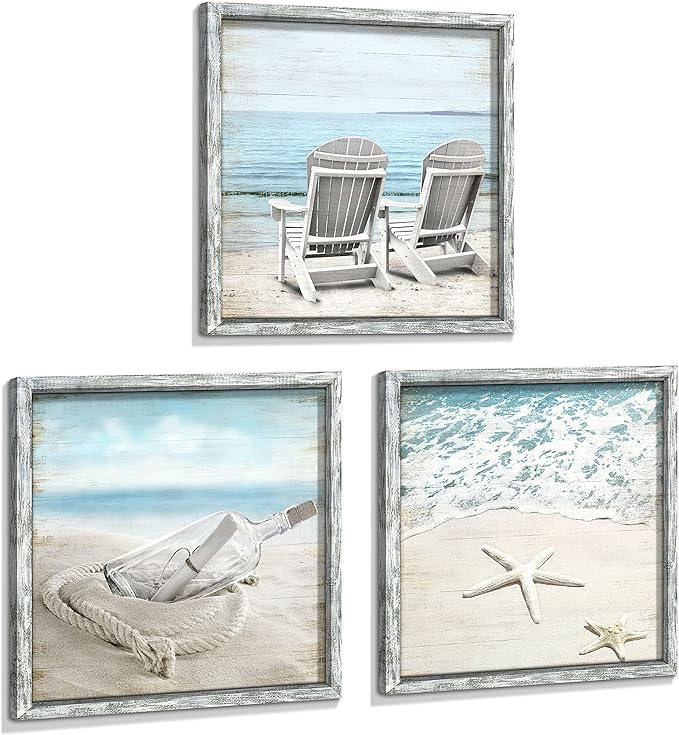 Seascape Pictures Framed Wall Artwork: Ocean Wall Art Set of 3 Beach Chairs & Drift Bottle Wall Art Coastal Prints on Wood for Bedroom