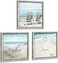 Seascape Pictures Framed Wall Artwork: Ocean Wall Art Set of 3 Beach Chairs & Drift Bottle Wall Art Coastal Prints on Wood for Bedroom