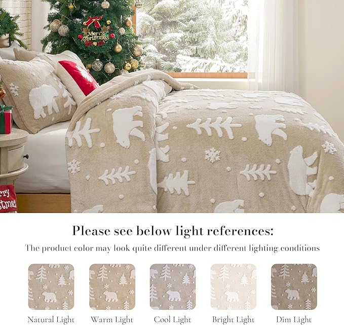 Amélie Home Christmas Comforter Set King, Fluffy Fleece Bedding Set with Polar Bear, Beige Plush Bedding Set for Winter, 3 Pieces, 1 Soft Comforter and 2 Pillow Shams