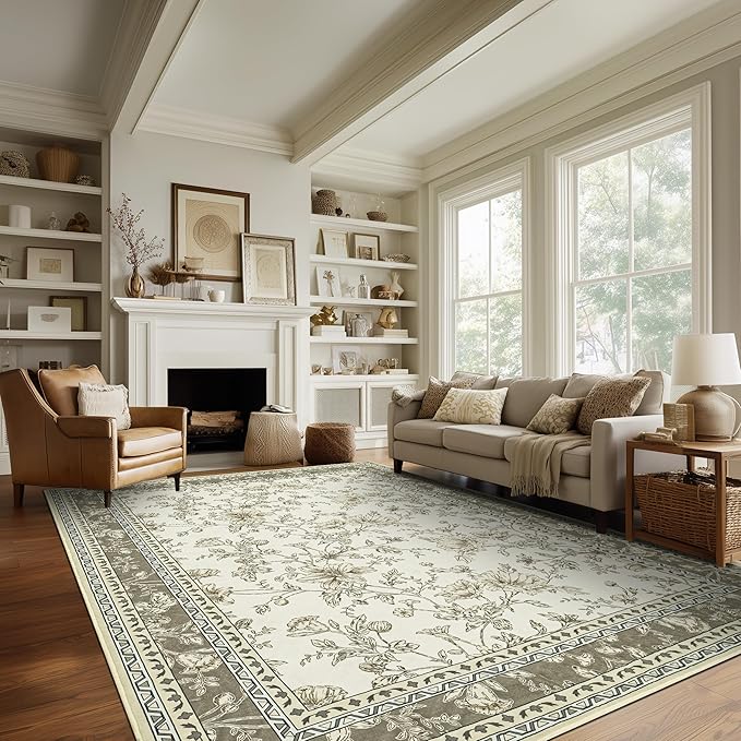 Extra Large Beige Taupe Area Rug for Living Room 10x14, Floral Dining Room Rugs for Under Table, Washable Soft Non Slip Low Pile Carpet for Large Bedroom Light Tan Khaki Floral Design 10 x 14