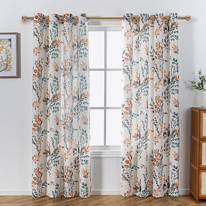 MYSKY HOME Curtains for Living Room Semi Sheer 84 inch Length Light Filtering Privacy Protect Drapes Set Linen Blended Texture Soft Touch Leaves Pattern Treatment, 52" Wide, Burnt Orange, 2 Panels