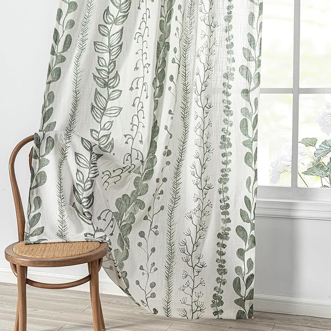 MEETSKY Sage Green Curtains 84 Inches Long 2 Panels Boho Curtains for Living Room Light Filtering Patterned Drapes for Bedroom Linen Style Back Tab Leaf Print Window Treatment, 50” Wide Each Panel