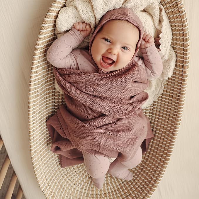 Organic Pointelle Receiving Swaddle Blanket for Girls - 100% Luxury Organic Soft Cotton Knit Warm Cozy Cuddle Stroller Blanket for Newborns, Infants, & Toddlers (Sugar Plum)
