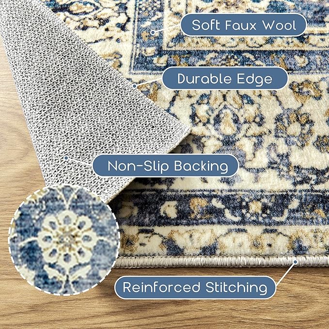 Blue Distressed Carpet Multi Rug Kitchen Living Room Bedroom Dining Room,6x9 Cover Print,Vintage Design Flower Area Rug