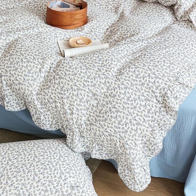 BuLuTu Chic Shabby Blue Floral Print Duvet Cover Queen, Double-Layer Cotton Muslin Comforter Cover with Ruffles, Kids Teens Bedding Quilt Covers,90"x90", Zipper Closure, No Pillow
