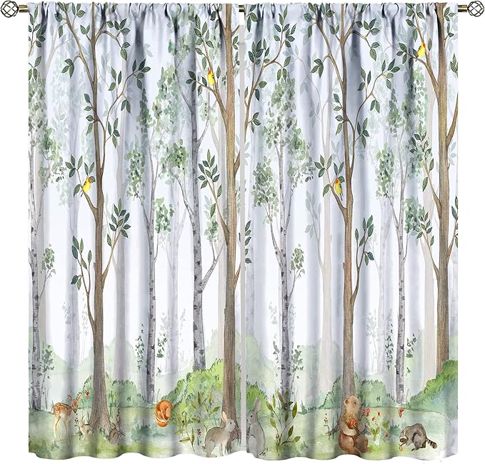 Kids Animal Curtains, Watercolor Natural Forest Animal Hedgehog Fox Butterfly Rabbits Forest Print Curtain Boys and Girl Bedrooms 63x63in
