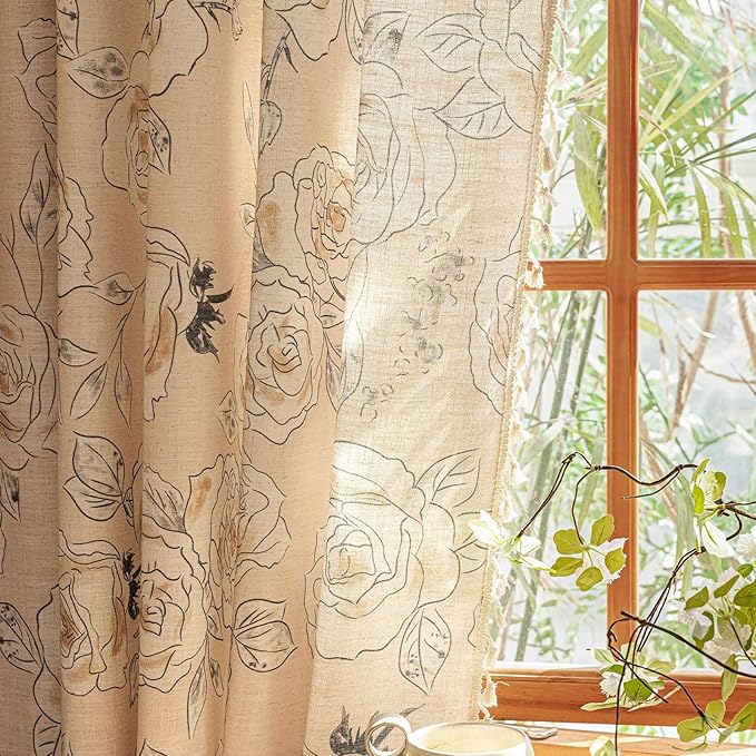 ENJOYBRIDAL Floral Curtains 96 Inches Long 2 Panels Coquette Rod Pocket Drapes Boho Bedroom Semi Sheer Aesthetic Window Curtain Panels Farmhouse Living Room Rose Decorations Tassel Window Treatments