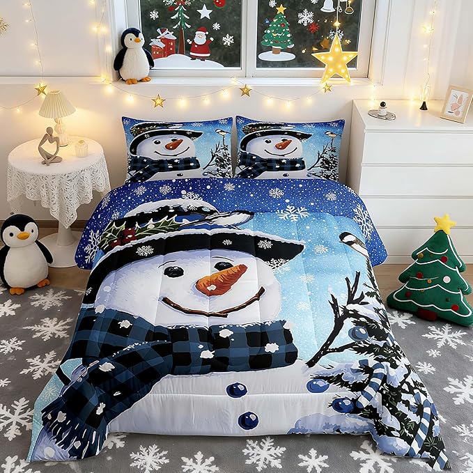 Feelyou Kids Christmas Theme Decorations Bedding Set Xmas Snowman Comforter Set for Boys Girls Snowflake Kawaii Cute Gradient Blue Collection Queen Size