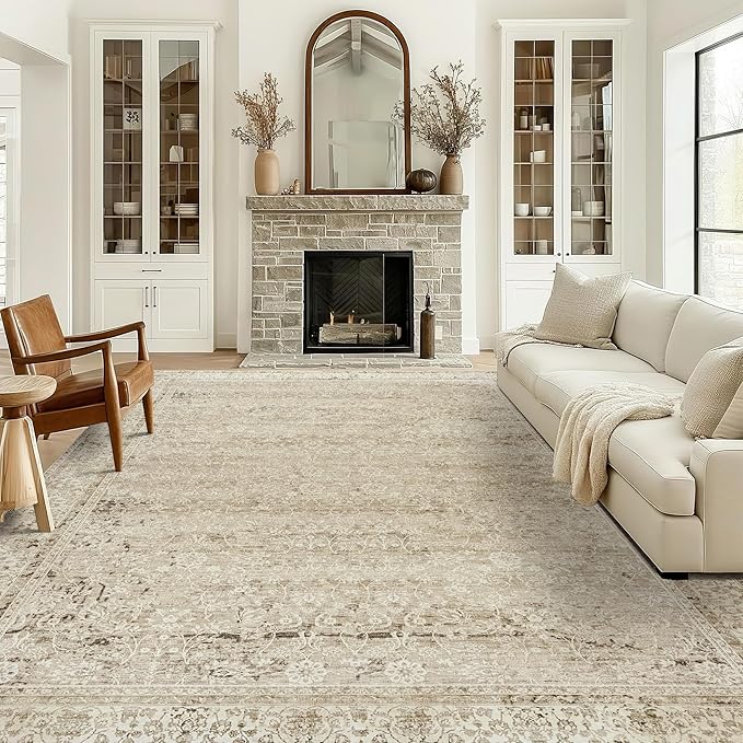 Cream and Light Tan Area Rugs Washable Rug for Living Room Bedroom, Faux Wool Soft No Slip Floral Boho Vintage Extra Large Carpet for Dining Room 9x12