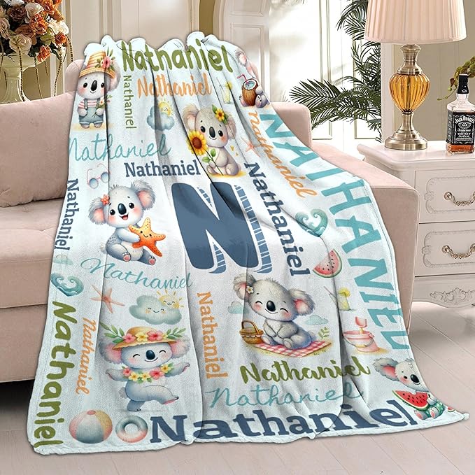 Personalized Custom Koala Blanket Gifts for Kids Boys Girls with Name - Customized Koala Super Soft Lightweight Flannel Sheets Decor for Crib Nap Couch - 90"x120" for Whole Family