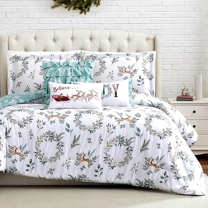 Southshore Fine Living, Inc. 6-Piece Reversible Christmas Bedding Cal King/King, White Christmas Comforter Set King, 2 Shams, 2 Throw Pillows, 1 Throw Plllow Cover, Holiday Bedding - Happy Holidays