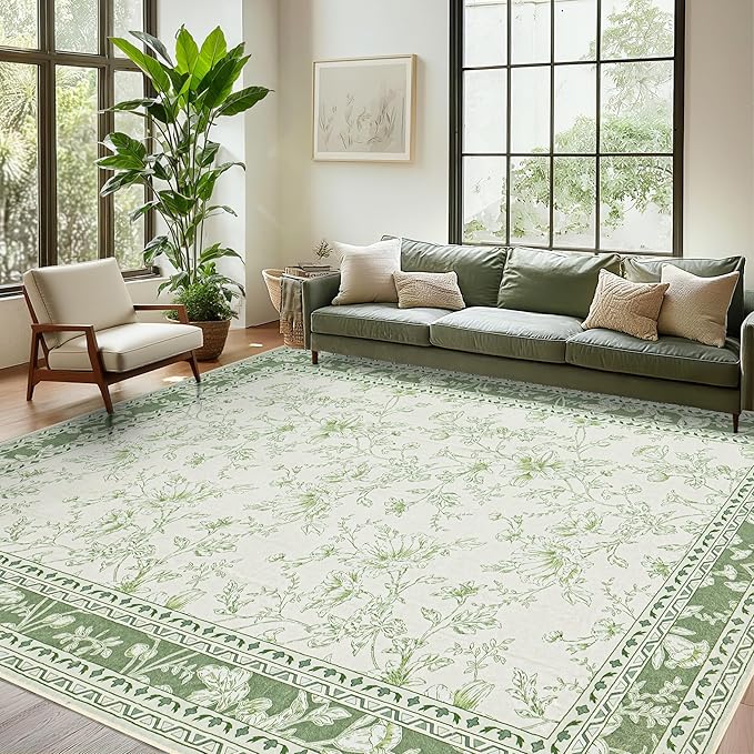 Green Area Rugs 6x9 Living Room Washable Boho Vintage Sketch Floral Sage Cream Beige Rugs for Bedroom Non Slip Soft Carpet for Dining Room Kids Girls Nursery, Lounge Peony Lily Pattern Floral Rug