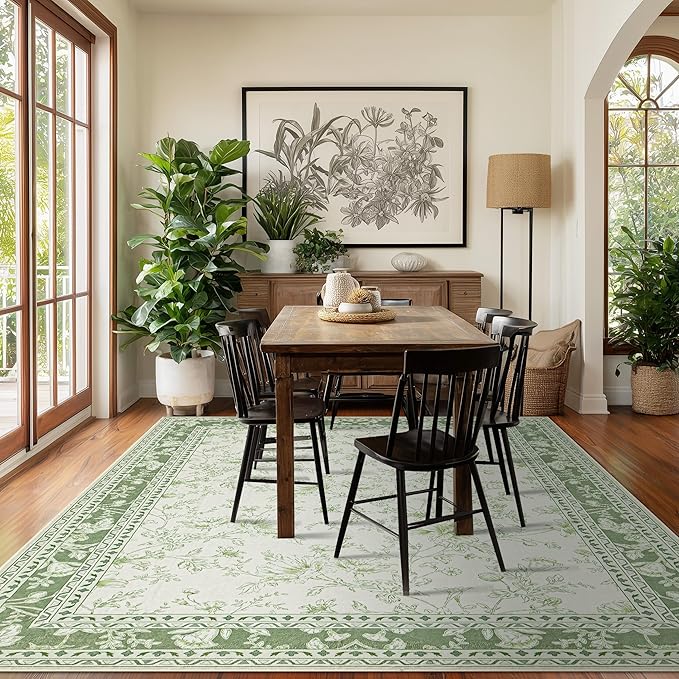 Sage Green and Cream Rug 10x14 Living Room Machine Washable Area Rugs Vintage Boho Farmhouse Sketch Style Floral Extra Large for Bedroom Non Slip Soft Carpet for Dining Room Playroom Floor Covering