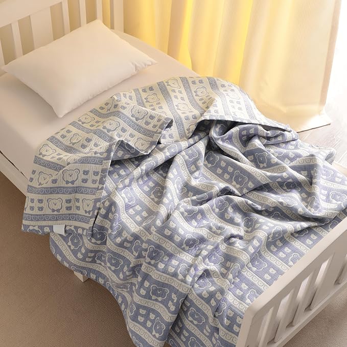 NTBAY 3 Layer Muslin Cotton Toddler Blanket, Jacquard Reversible Nursery Bed Blanket, Super Soft and Thermal for All Seasons, Decoration Gift, 30"x40", Blue Bear