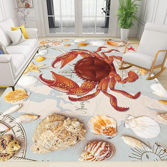 Nautical Theme Area Carpets, 3x4ft, Ocean Crab Shell Floor Rugs, Vintage Compass Anchor Printed Carpets, Machine Washable Foldable Easy-Clean Mats for Dining Room Runners