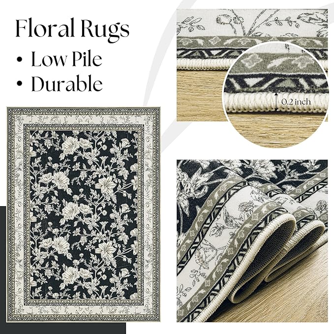 Boho Dining Room Rugs for Under Table 7x9 Washable Black Cream Beige Floral Design Sketch Style Area Rug for Living Room, Low Pile Non-Slip for Bedroom Under Bed Aesthetic Boho Farmhouse Decor