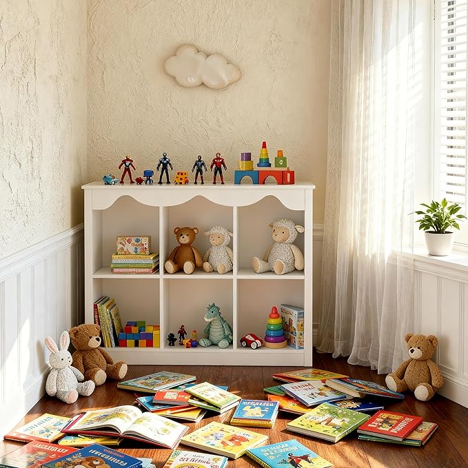 Kids Bookshelf Toy Storage Organizer Wooden Book Shelf Montessori Bookcase 6 Cube Dutch Design,Milkywhite