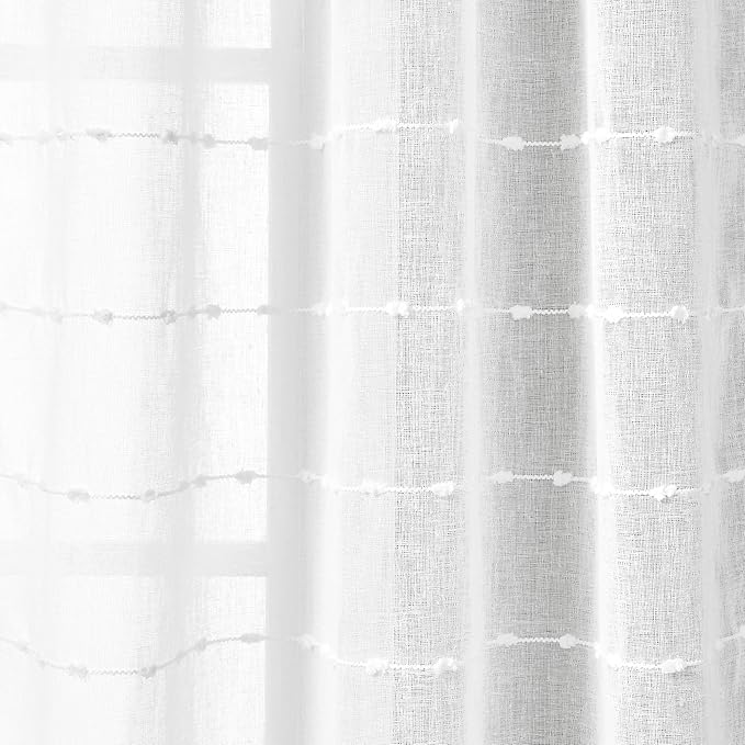 Lush Decor Farmhouse Textured Grommet Sheer Window Curtain Panel Pair, 38"W x 84"L, Bleach White