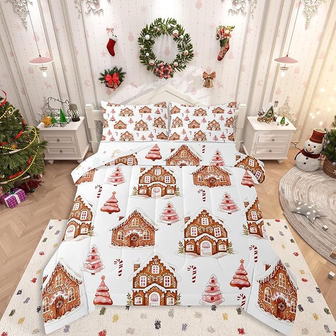 Feelyou Merry Christmas Comforter Set Toddler Size Gingerbread House Bedding Set for Kids Boys Girls Xmas Tree Duvet Quilt Candy Cane Bedroom Decor Microfiber 2 Pcs with 1 Pillow Cases