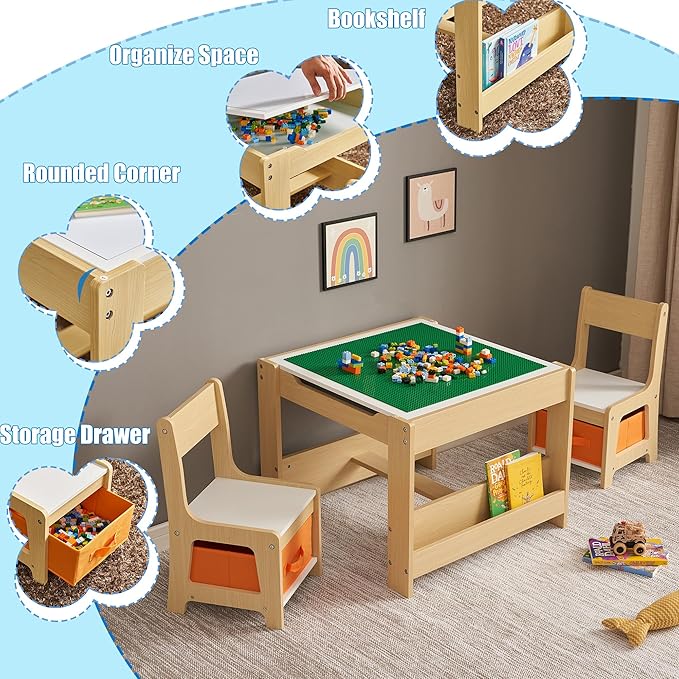 Kids Table and Chair Set, 3 in 1 Wooden Activity Table with Storage Drawer for Toddlers Drawing, Reading, Crafts, 2 in 1 Detachable Tabletop Table Set for Nursery, Playroom (Natural & White)
