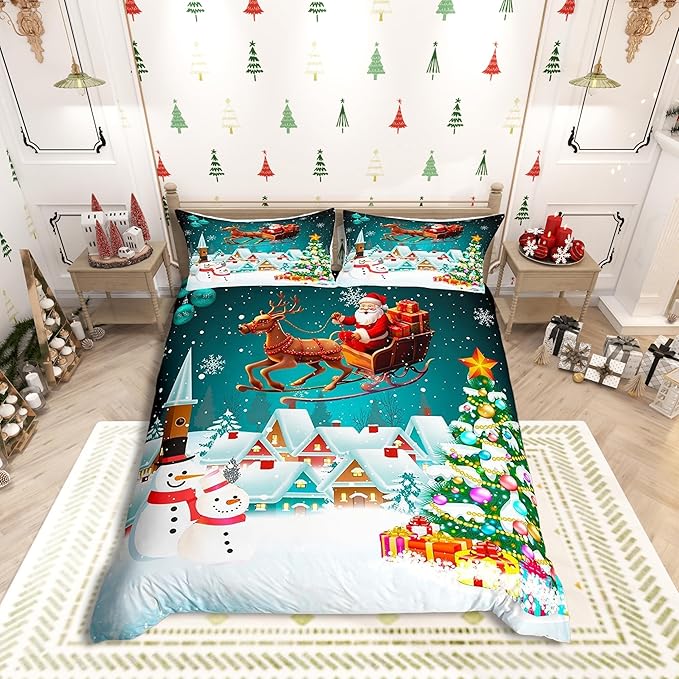Manfei Christmas Duvet Cover Set Queen Size, Xmas Tree Snowman Bedding Set for Kids Boys Girls, Santa Claus with Reindeer Comforter Cover New Year Theme Quilt Cover with 2 Pillowcases, No Comforter