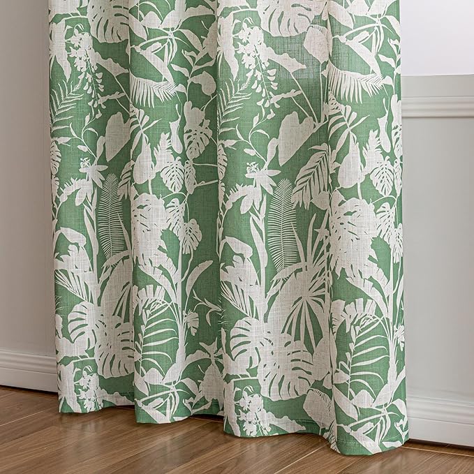 MYSKY HOME Linen Tropical Curtains 63 Inch Length Semi Sheer Curtains Pattern Decorative Window Treatment Drapes Privacy with Light Through for Kitchen/Nursery/Bathroom, 52" Wide, Green, 2 Panels