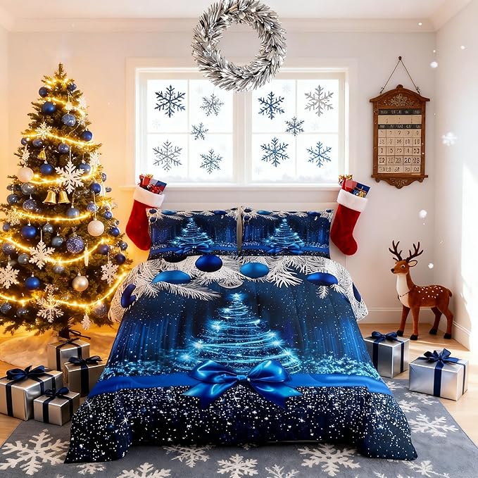 Merry Christmas Kids Comforter Set Queen Size,Snowflake Christmas Tree Bowknot Bedding Set,Girls Boys Adults Xmas Decor,Blue Gradient Line Glitter Down Comforter,Romantic Duvet Insert,2 Pillowcases