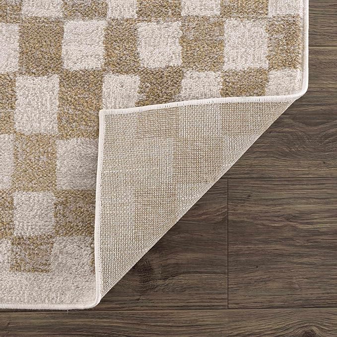 Hauteloom Pertek Modern Checkered Area Rug - Modern Geometric Carpet for Living Room, Kids Room, Nursery - Bohemian Boho Carpet - Cream, Beige, Gold - 6'7" x 9'