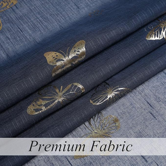 Jubilantex Butterfly Sheer Curtains Navy Blue Drapery with Gold Print Pattern 95 Inch Long, Kids Nursery Bedroom Voile Linen Textured Curtain Rod Pocket Window Drapes, 2 Panels