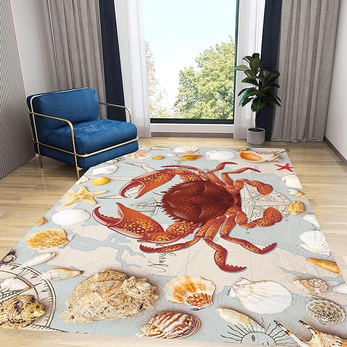 Nautical Theme Area Carpets, 3x5ft, Ocean Crab Shell Floor Rugs, Vintage Compass Anchor Printed Carpets, Machine Washable Foldable Easy-Clean Mats for Dining Room Runners