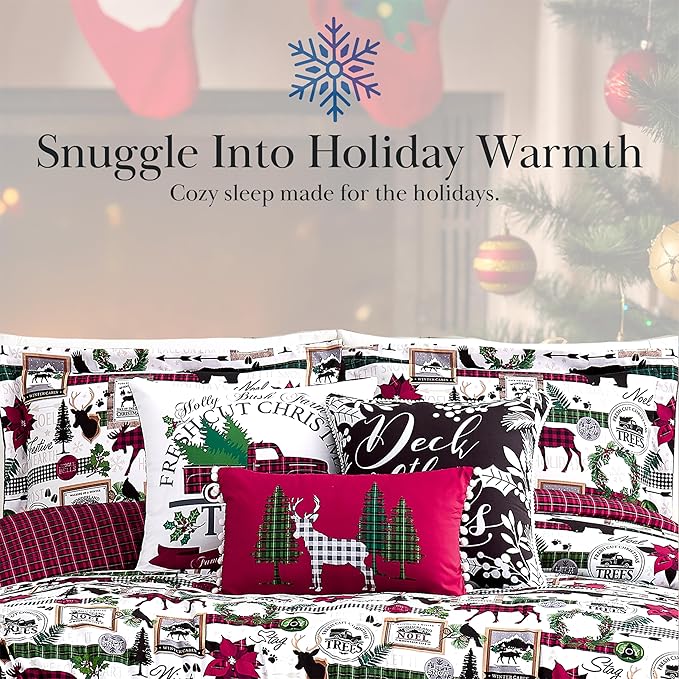 Southshore Fine Living, Inc. Merry Town Christmas Comforter Set, Twin Size 5-Piece Christmas Bedding Set w/Shams & Holiday Throw Pillow; Reversible 2-Sided Red Plaid Comforter & Rustic Cabin Print