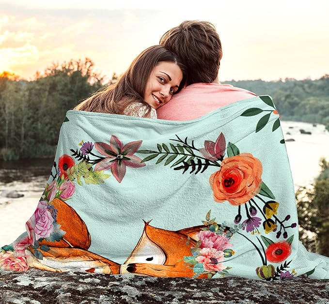 Fox Blanket Flower Fox Print Throw Blanket Ultra Soft Flannel Blankets Gifts for Kids Adults 50"x40"