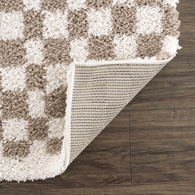 Hauteloom Kieu Contemporary Checkered Fluffy Shag Area Rug - Modern Geometric Soft Carpet Tiles for Living Room, Kids Room, Nursery - Gray, Taupe, White - 8'10" x 12'