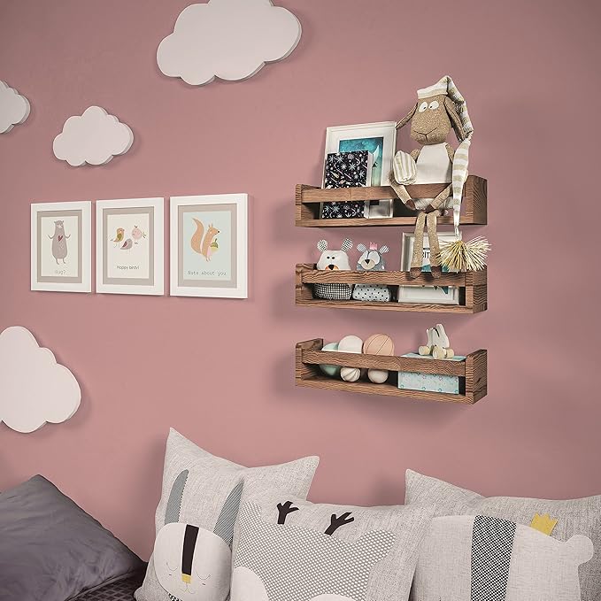 NATURE SUPPLIES Set of 3, 16.4". Nursery Book Shelves, Solid Wood for Books, Toys, Decor, Wall Bookshelf for Kids Bedroom, Floating Shelf, Stylish and Functional Storage Solution, Brown