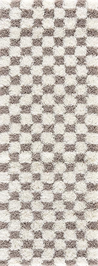 BoutiqueRugs Atira Modern Checkered Shag Area Rug - High Pile Fluffy Shaggy Carpet -Kids Room, Nursery, Living Room Shaggy Carpet - Brown, Cream, White, Taupe - 6'7" X 9'6" (6x9)