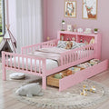 Wood Twin Size Platform Bed with Safety Fence for Kids Boys Girls, Platform Bed Frame with Practical Headboard and 2 Under-Bed Drawers, Sturdy Slats Support (Pink-3.15)