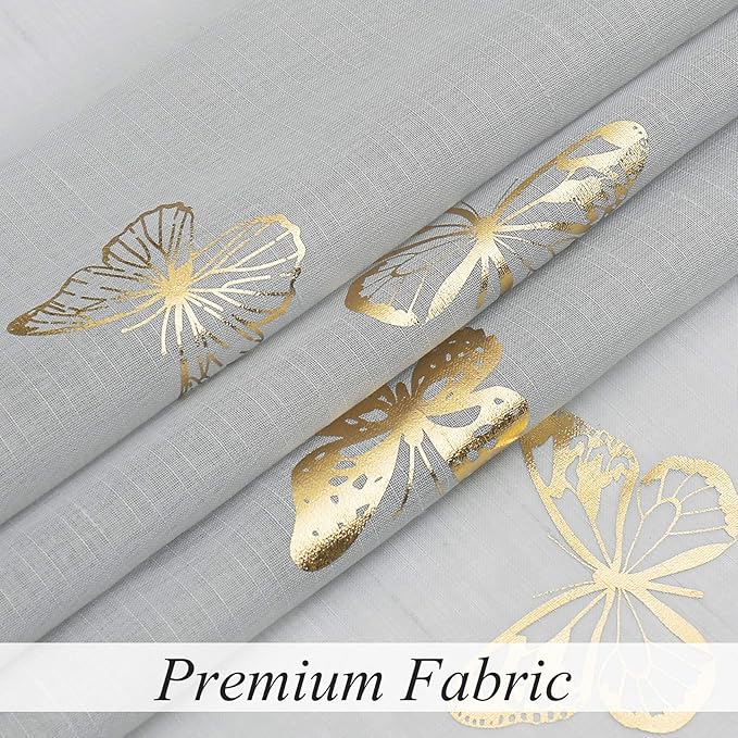 Jubilantex Grey Sheer Curtain with Gold Butterfly Pattern for Kids Room, Linen Textured Rustic Metallic Print 84 Inch Rod Pocket Window Drapes for Girls Bedroom Living Room, 2Panels